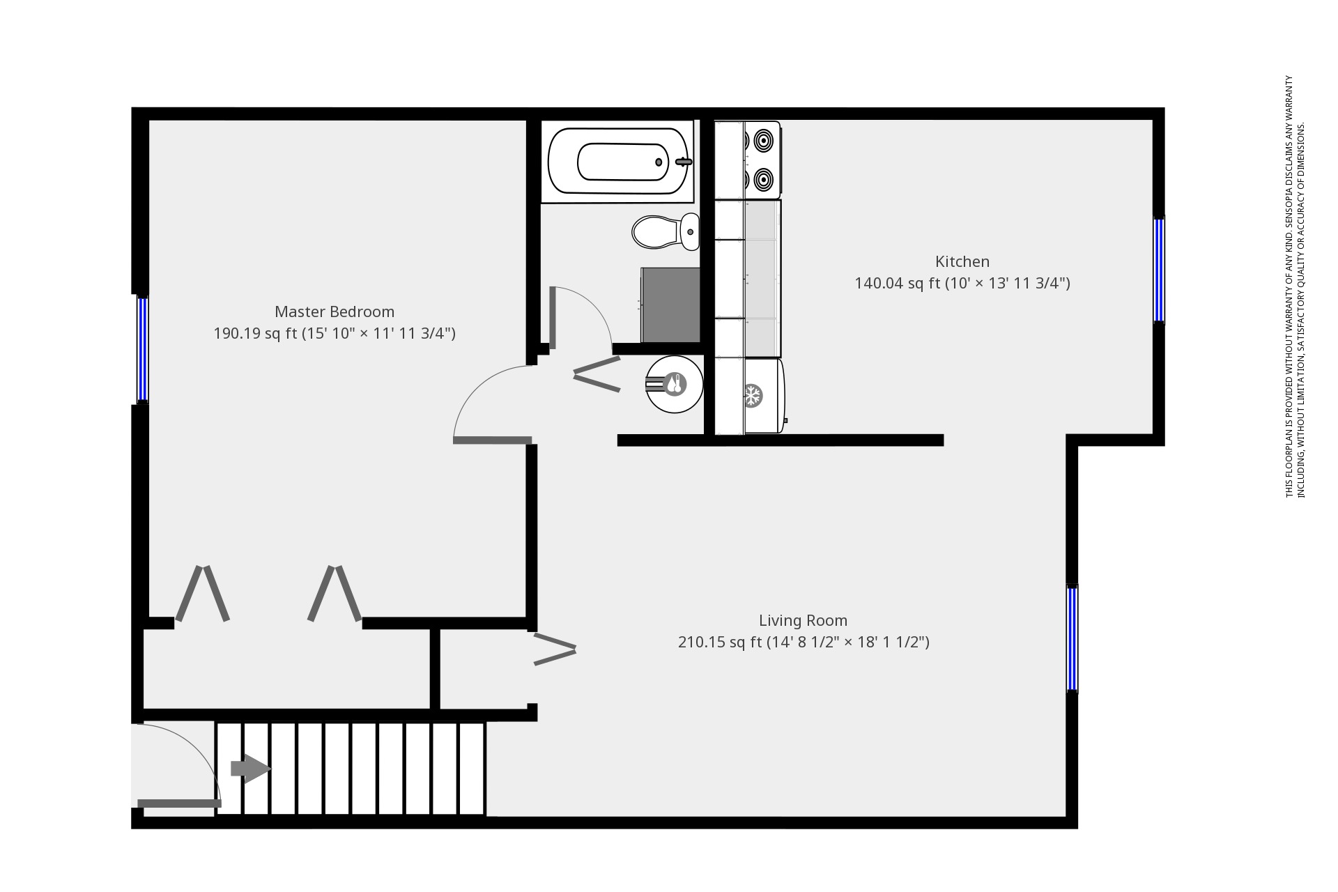 A floor plan of a small apartment with a living room, kitchen, and a master bedroom.